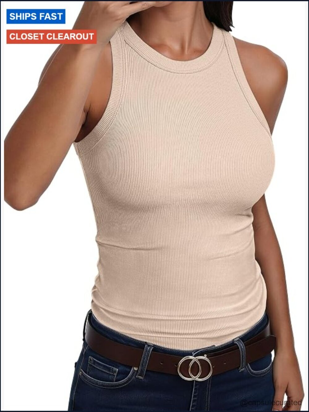 Ribbed Knit Tank Top, Sleeveless Slim Fit Racerback, Yoga & Casual Wear